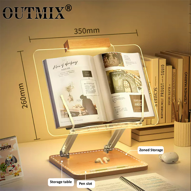 Laptop Office Accessories - แท่นอ่านหนังสือไม้พร้อมไฟอะคริลิคใส ที่วางแท็บเล็ตแบบยกได้อเนกประสงค์ ที่วางแล็ปท็อป ชั้นวางหนังสือแบบตั้งโต๊ะ