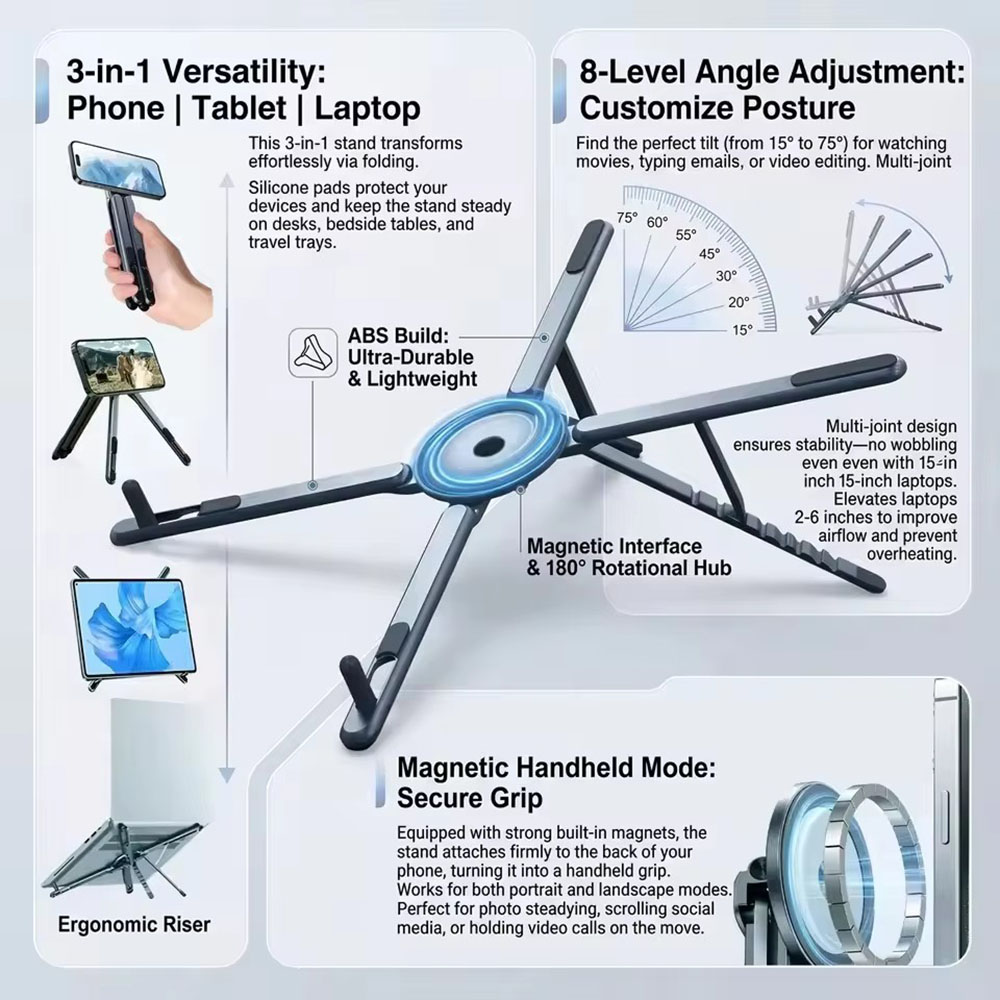 Laptop Office Accessories - ที่วางโทรศัพท์แม่เหล็กแบบพกพาและไม้เซลฟี่ 3-in-1 ขาตั้งกล้องพับได้สำหรับใช้งานกับ iPhone, iPad, แท็บเล็ต,