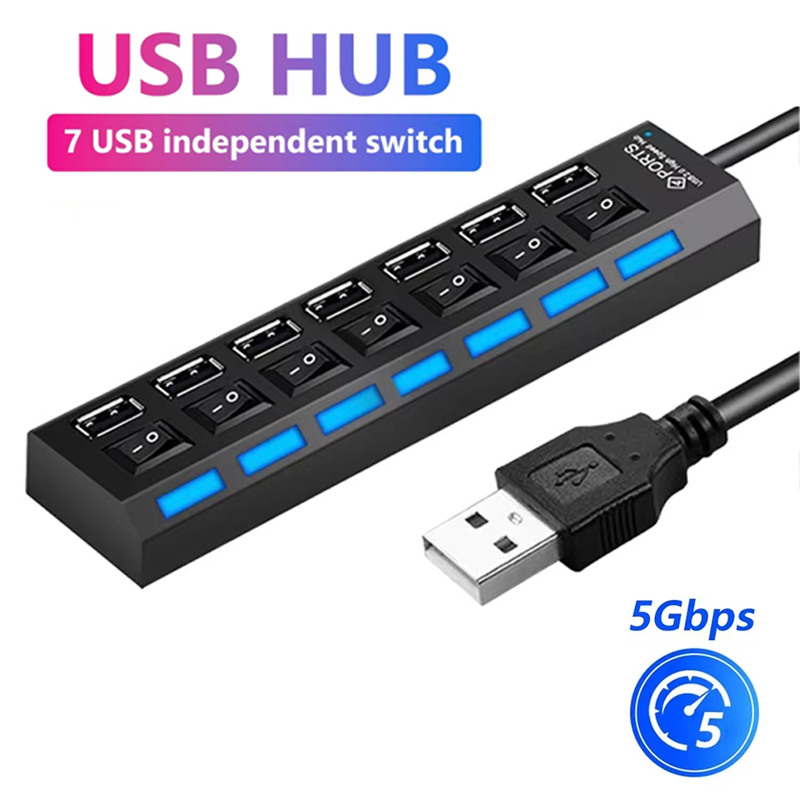 Laptop Office Accessories - 7 พอร์ตยูเอสบี 2.0 ฮับสปลิตเตอร์สำหรับแล็ปท็อปอุปกรณ์เสริมคอมพิวเตอร์ไฟ LED แสดงสถานะควบคุมอิสระอุปกรณ์เวิร์กสเตชันสำหรับสำนักงานที่บ้าน
